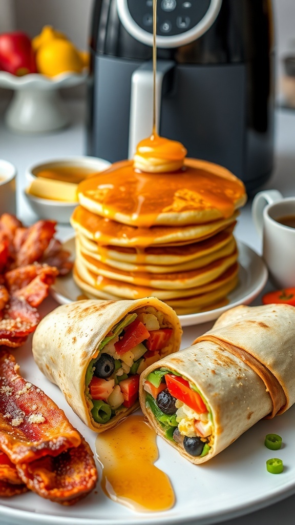 A delicious air fryer breakfast spread with bacon, pancakes, and a breakfast burrito on a table.